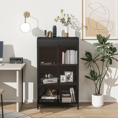 Armoire de rangement en métal de 47,6 po de hauteur avec portes en verre et plateau rabattable, vitrine à 4 niveaux avec tablettes ouvertes, buffet autoportant en acier pour la cuisine, le salon, le bureau personnel, la salle à manger et la salle de bain