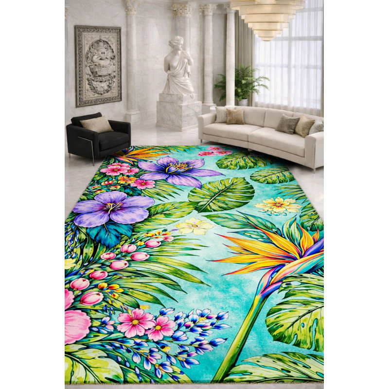 Tapis tissé à motif floral lavable bleu sarcelle Mosso, 2'6" x 4'11"