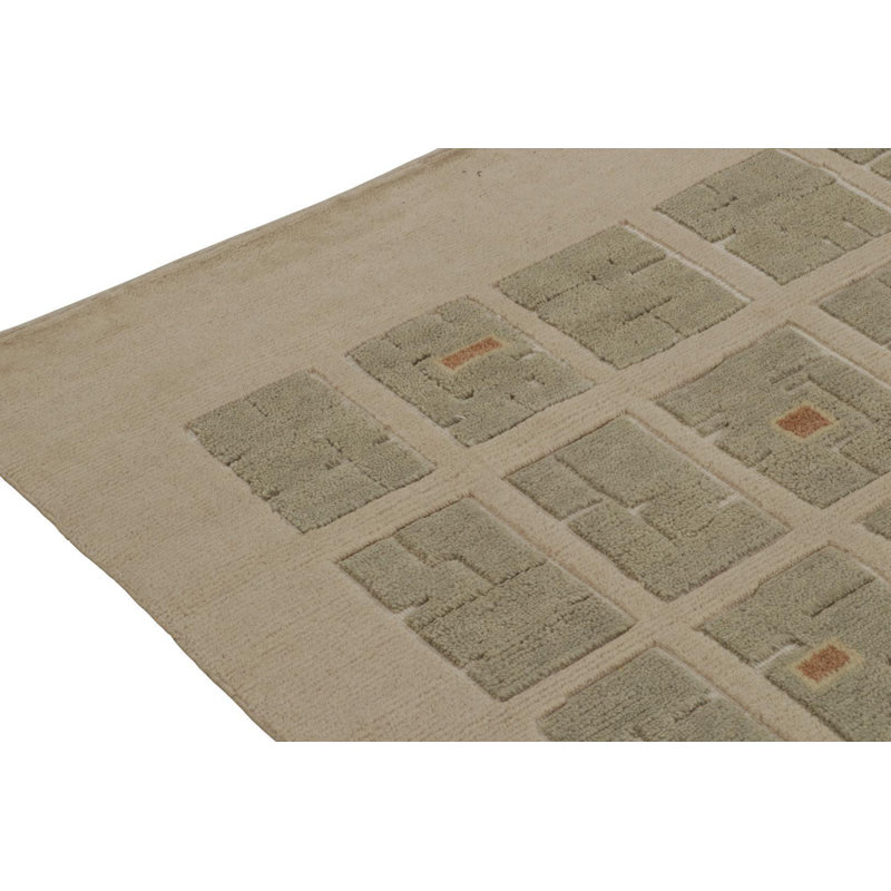 Rug & Kilim's French Art Deco Rug In Beige & Green High-Low Square Pattern, Rectangle 5' x 7'