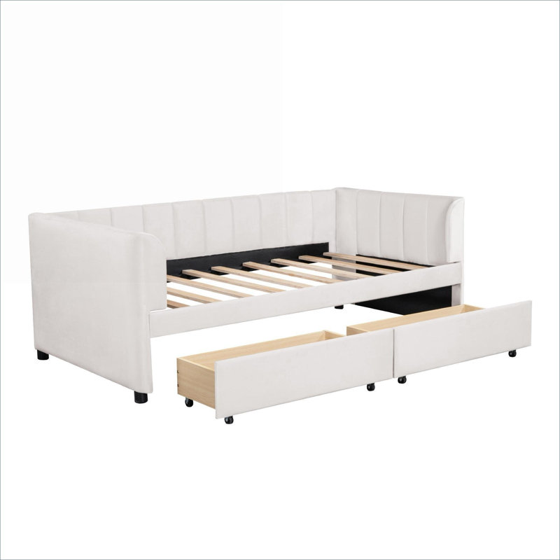 Lit de jour rembourré Classic Classic avec dossier ergonomique et deux tiroirs de rangement, velours beige, Beige
