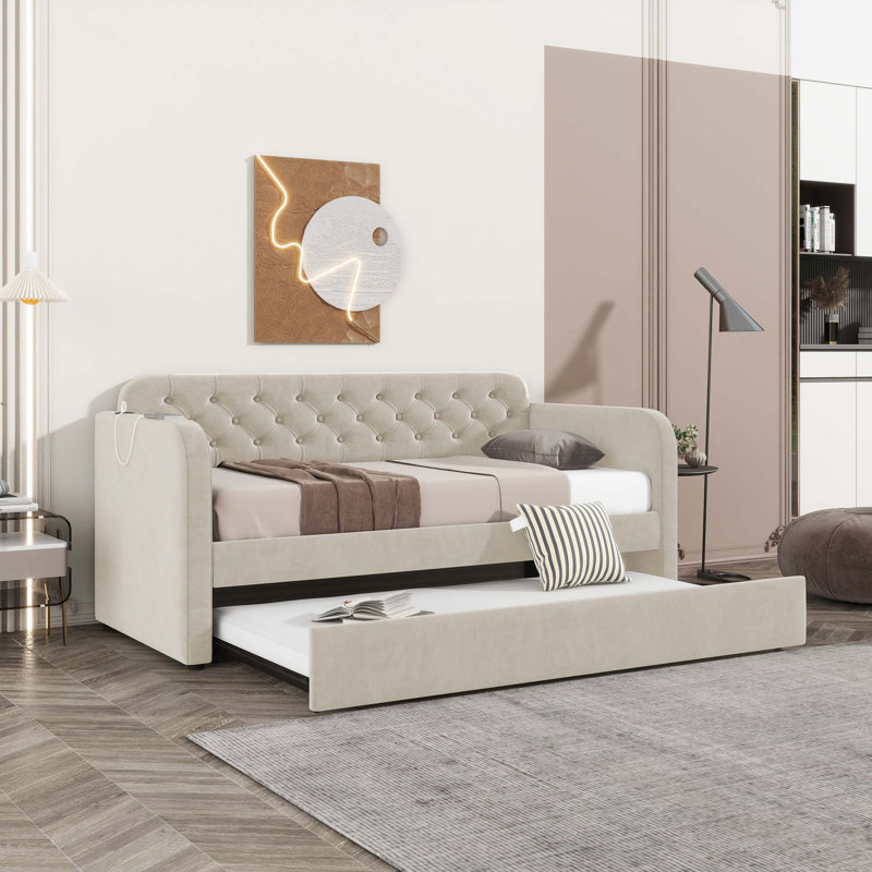 Twin Size Upholstered Daybed With Trundle And USB Charging Design, Velvet Upholstered Daybed Frame, Twin Sofa Bed For Living Room Bedroom, No Box Spring Needed,Plush Velvet Fabric