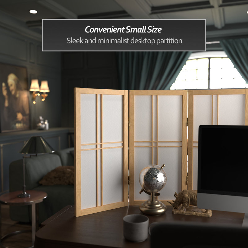 26" Desktop Double Cross Shoji Screen 4 Panel Room Divider, 3, Natural