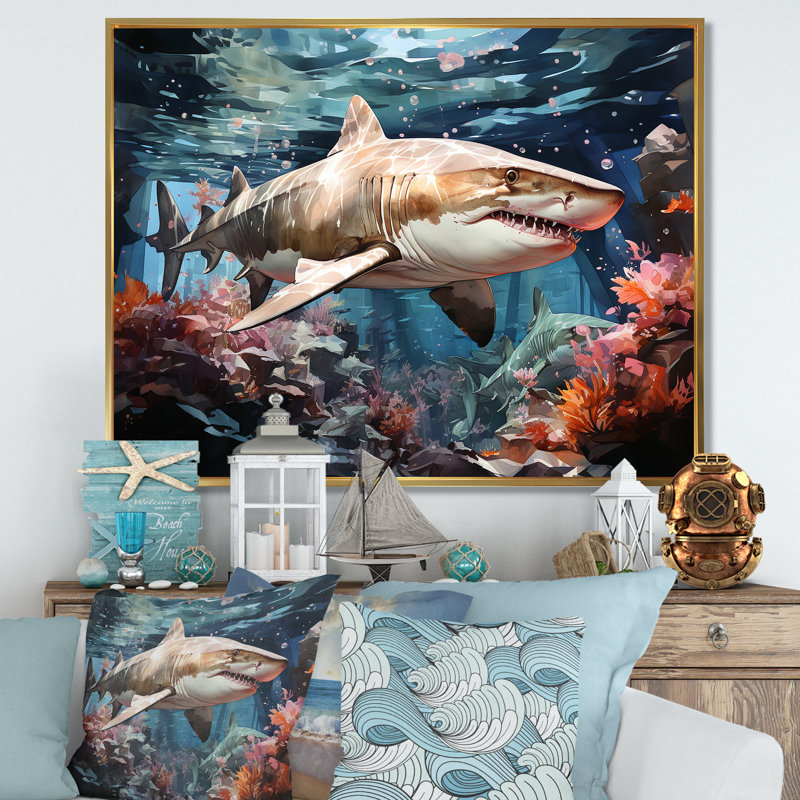 «Silent Hunter Sharks Portrait I», reproduction d'art mural plage et océan, Cadre flottant doré, H 34 po x l 44 po