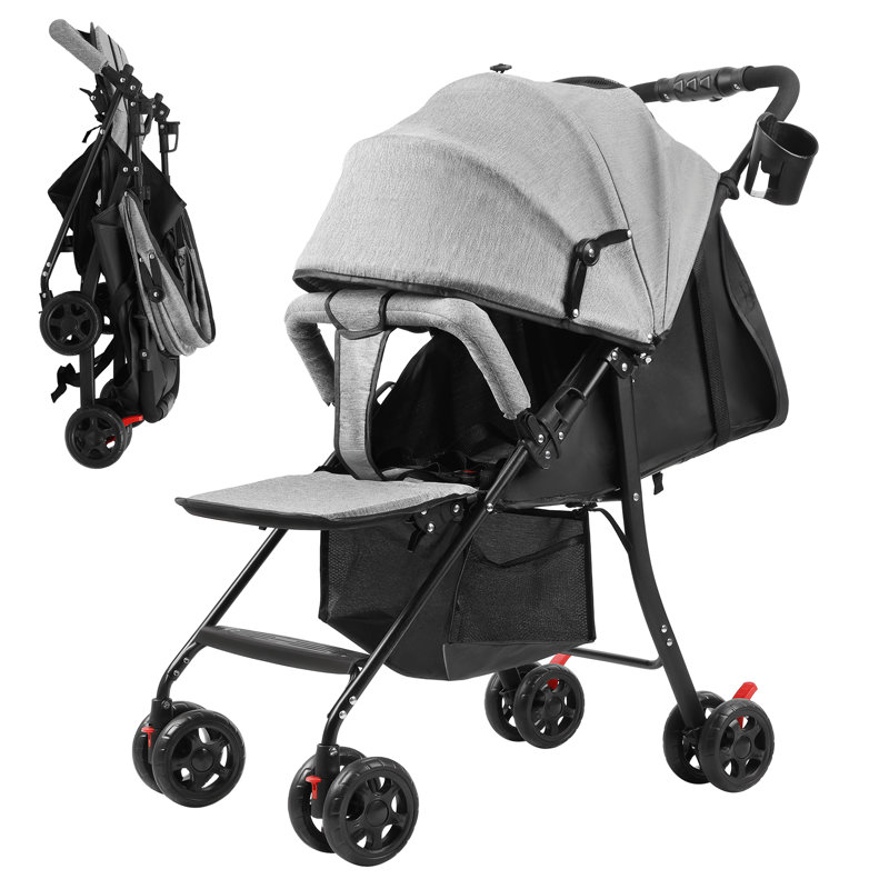 Travel Baby Stroller, One-Hand Folding Infant Pushchair with Adjustable Backrest, Canopy, Storage Basket for 0-2 Years Toddlers Up to 10kg