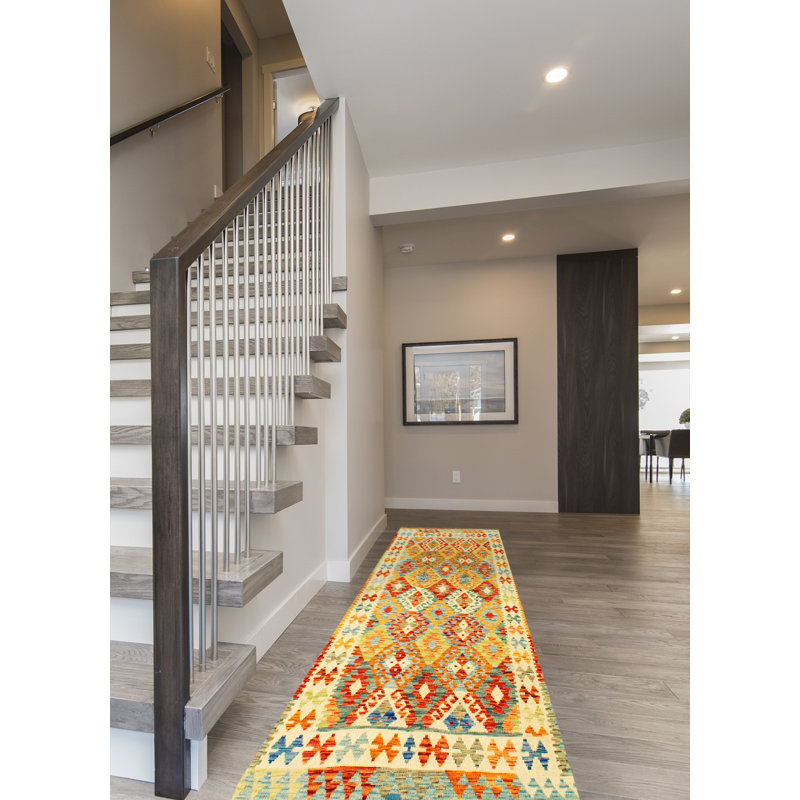 Tapis décoratif en laine de conception unique 4 pi 3 po x 6 pi noué à la main New Age/orange/bleu