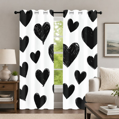 2Pcs White Heart-Pattern Curtains, Minimalist Style Curtain, Modern Hand-Drawn Love Heart Printed Art Grommet Drapes, Window Treatment for Bedroom Living Room Decor