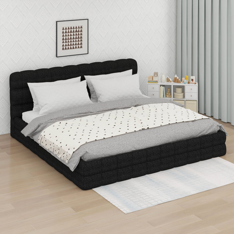 Très grand lit plateforme tapissier, lit plateforme en tissu molletonné avec tête de lit moelleuse, Noir