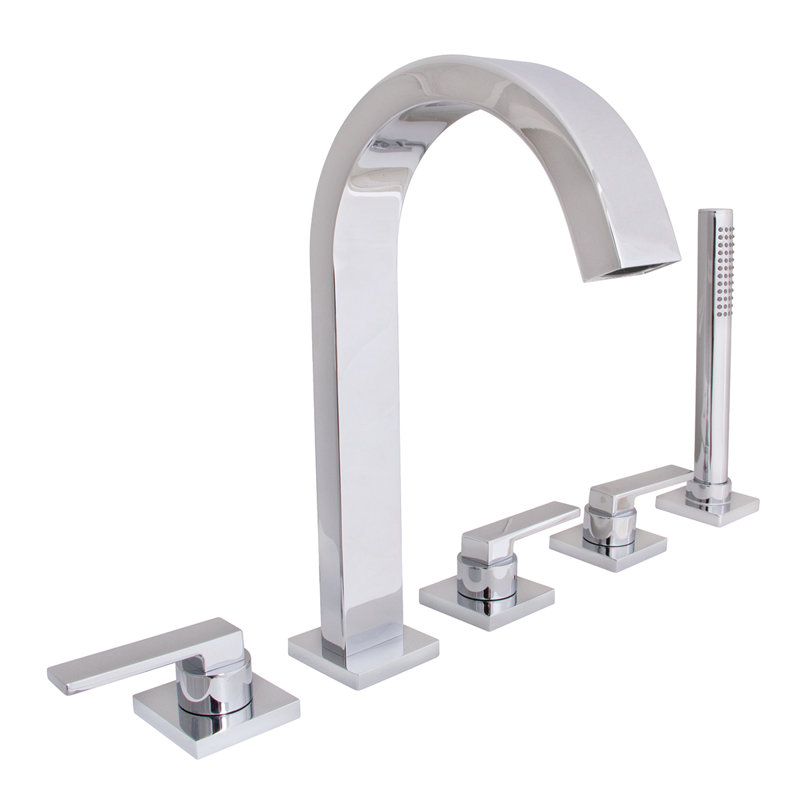 Lura Triple Handle Deck Mounted Roman Tub Faucet with Handshower, Polished Chrome