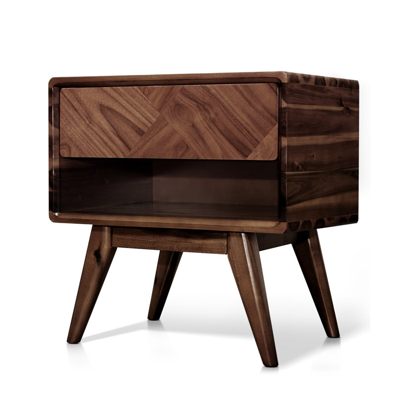 Solid Acacia Wood Nightstand, Bedside Table with Drawer & Open Shelf, Mid-Century Art Deco Accent Piece, Scratch & Water-Resistant