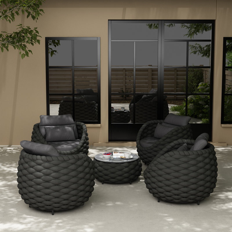 Ensemble de 4 chaises d'extérieur en osier avec coussins et coussins décoratifs Wicker, Gris foncé