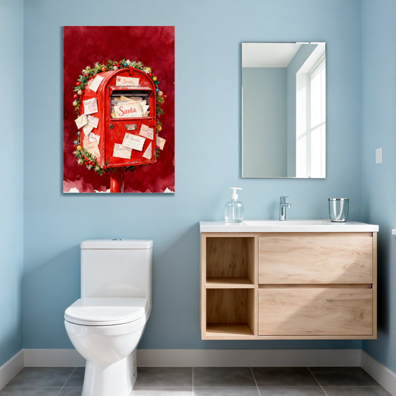 Boîte aux lettres de Noël rouge avec couronne de Noël et lettres, H 18 po x l 12 po