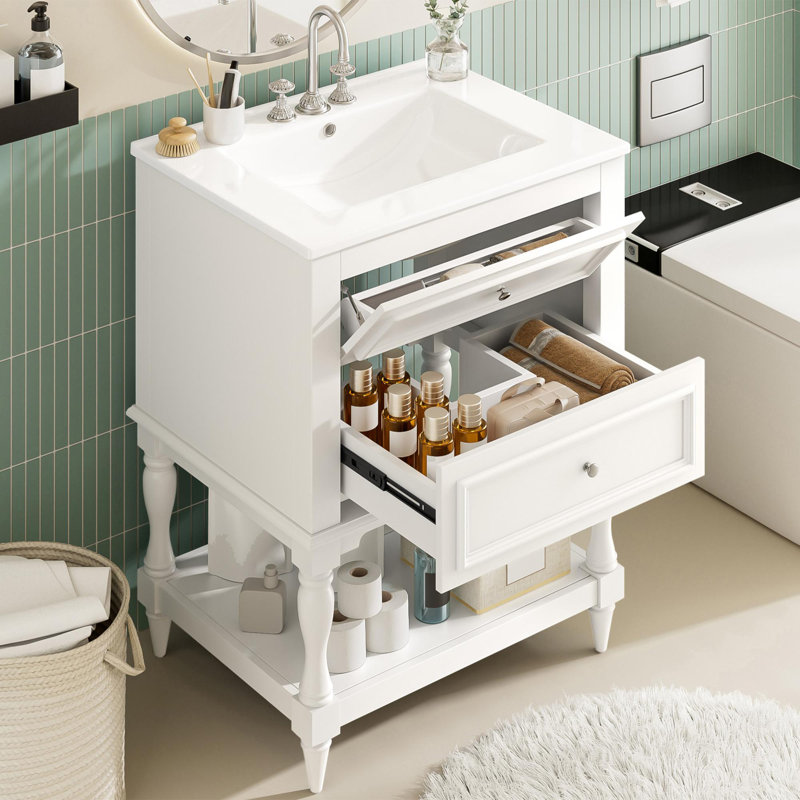 24" bathroom vanity with ceramic sink, White