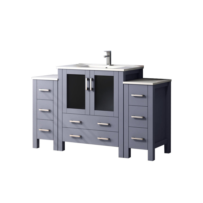 54 po W Meuble-lavabo simple de couleur gris foncé, comptoir en céramique blanche, robinet, tiroirs à fermeture en douceur et surface de travail pour meuble-lavabo à long terme en gris, W, avec robinet, fonction, rangement intérieur