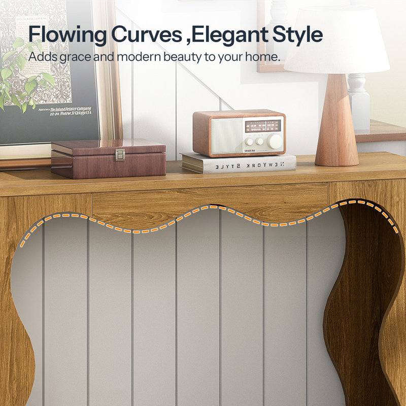 47.2'' Console Table, 2-Tier Entryway Table with Wavy Design, Knotty Oak