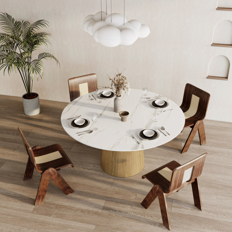 Table de salle à manger moderne de 47 po de style Mid-Century en bois de pierre avec base en U en bois naturel 4-8 - gris blanc