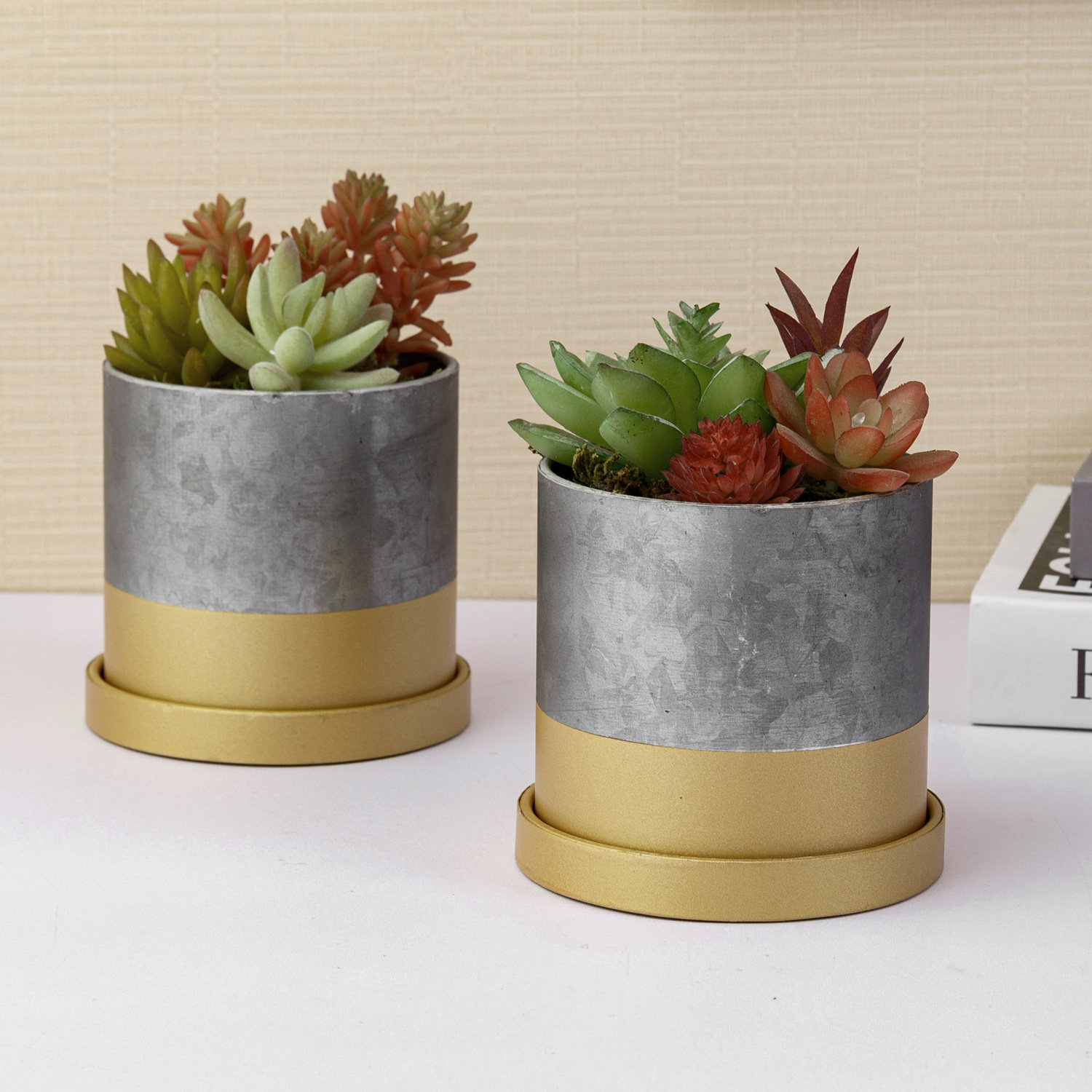 Olly & Rose Designer Black Plant Pots Set 2 with Gold Saucers Ceramic  Planters Indoor Outdoor 