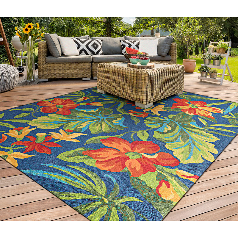 Stowthewold Floral Azure Blue Green Red Handmade Outdoor Area Rug, Rectangle 8' x 11'