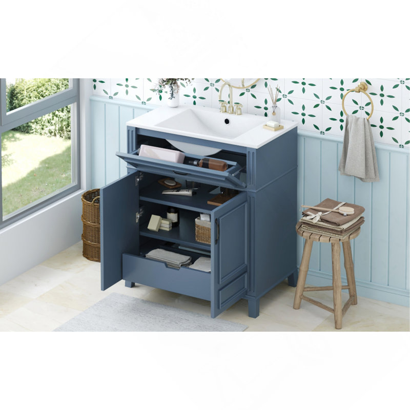 Meuble-lavabo de 30 po avec lavabo en céramique, armoire de rangement en bois massif avec portes à fermeture douce, style rétro, bleu