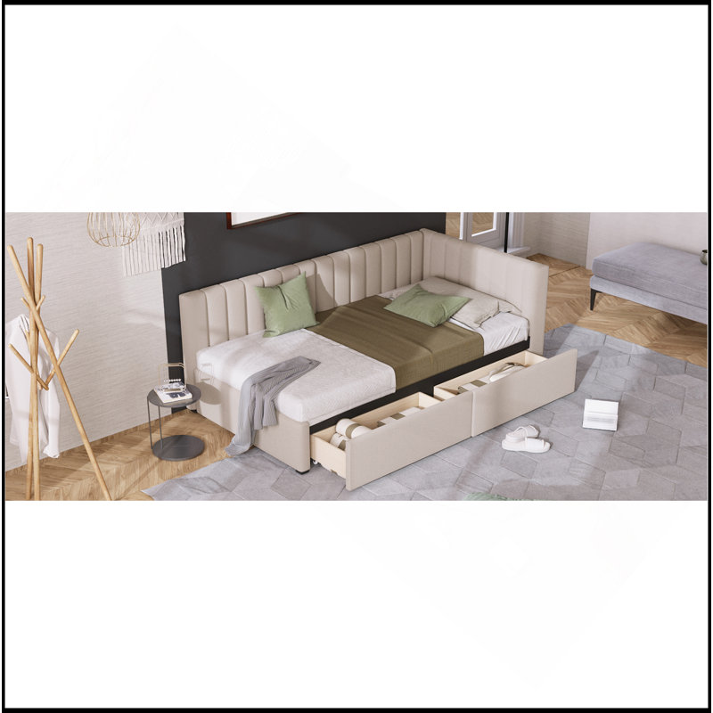Upholstered Daybed With 2 Storage Drawers Twin Size Sofa Bed Frame No Box Spring Needed, Linen Fabric, Beige