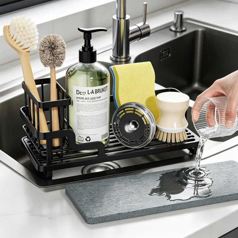 Serviteur de cuisine en acier inoxydable avec plateau en pierre absorbante et porte-brosse amovible