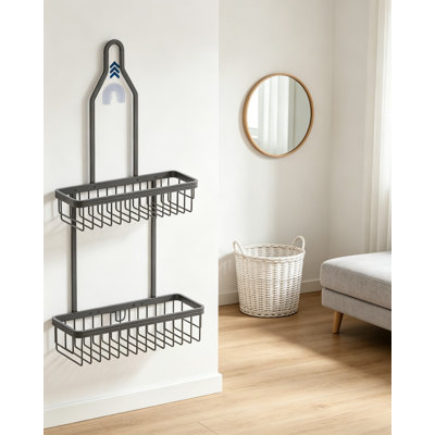 Support de douche en aluminium suspendu, organisateur de douche Never Rust pour douche intérieure, support de douche à 2 niveaux avec crochets et porte-savon, rangement pour pomme de douche antidérapante pour salle de bain, gris