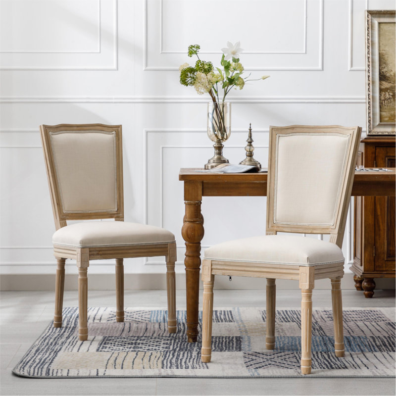 Chaise de salle à manger à structure carrée de style français avec dossier en lin, ensemble de 2