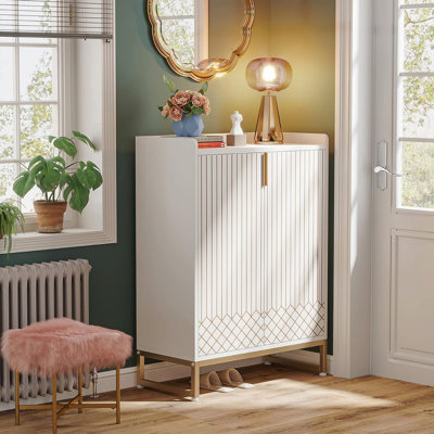 29.52 Inches White & Gold Shoe Cabinet With Doors, 5 Tiers Shoe Storage Organizer