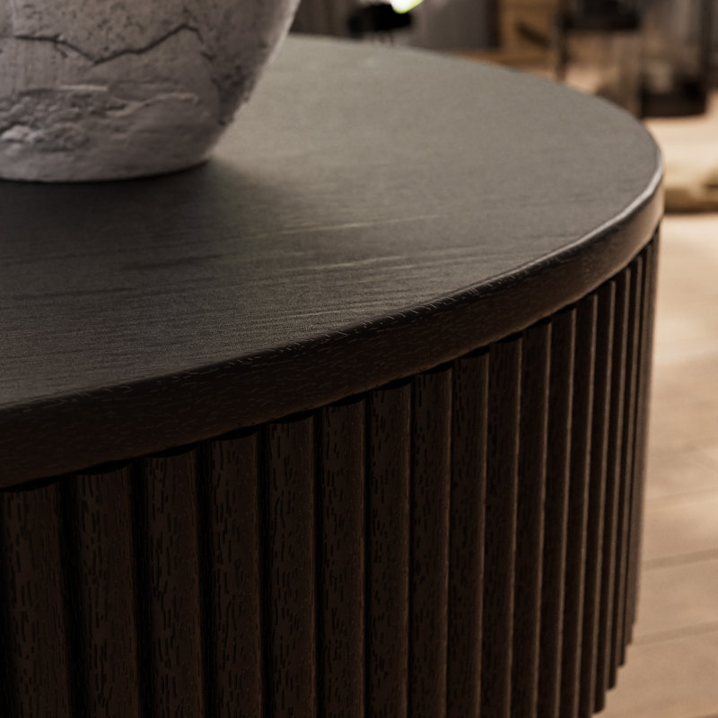 Table basse ronde cannelée Teajah faite à la main, Noir, noir, noir, noir, H 13,78 po x L 35,04 po x l 35,04 po