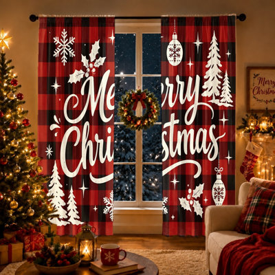 2Pcs Buffalo Plaid Christmas Curtains, Festive Merry Christmas Design Room Decor Window Drapes for Living Room Bedroom Kitchen Garden Holiday Outdoor Decor, Light Filtering Window Treatments