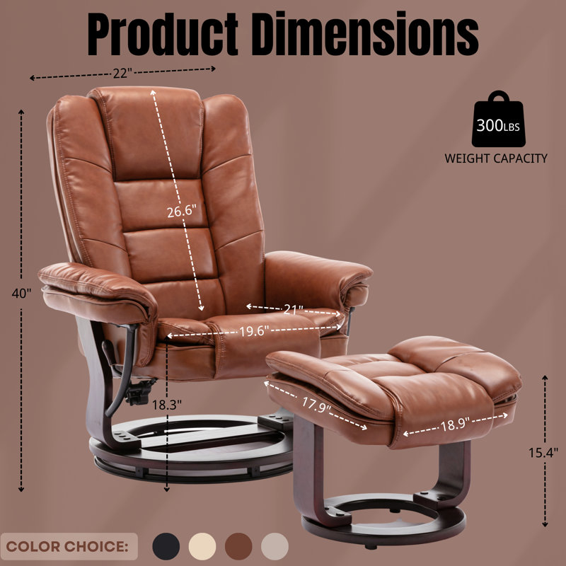 32" Contemporary Faux Leather Recliner and Ottoman with Swiveling Mahogany Wood Base, Brown