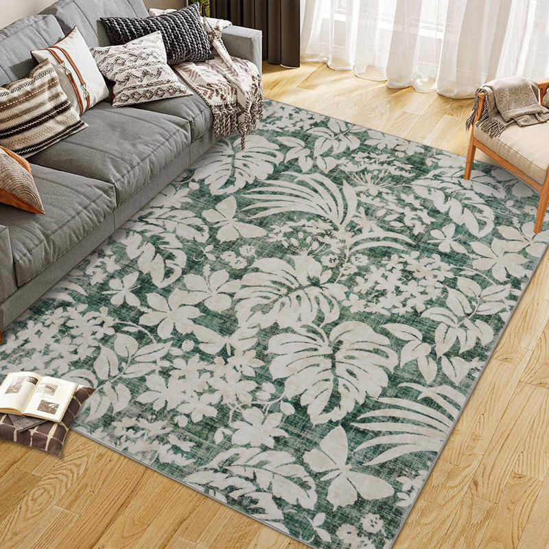 Soft Washable Botanical Leaf Print Area Rug – Soft Faux Woolen, Non-Slip, Mark-Resistant, Collapsible – For Living Room, Bedroom, Kitchen – Green Tone, 8x10ft