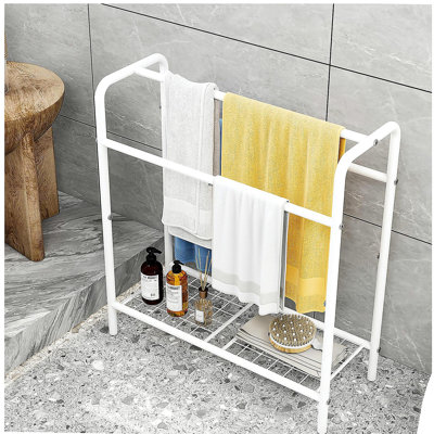 Porte-serviettes en métal à 3 niveaux, porte-serviettes autoportant pour salle de bain, économise de l'espace avec rangement, présentoir pour chambre à coucher, salle de bain, piscine, blanc