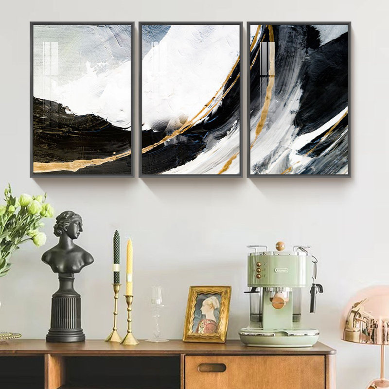 Vague de mer moderne noire et blanche avec ligne dorée - ensemble de 3 peintures sur toile encadrées, Noir