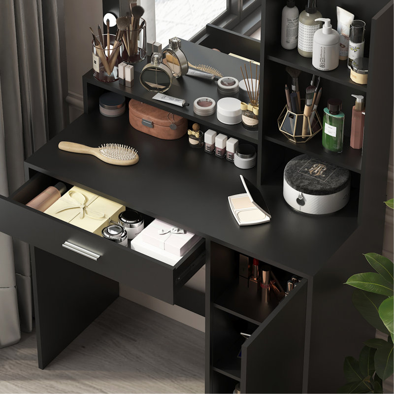 Bureau de meuble-lavabo pour chambre à coucher avec miroir, 12 lumières à DEL, 3 modes d'éclairage, rangement à trois niveaux, tiroir en bois et panneau de particules avec structure d'armoire