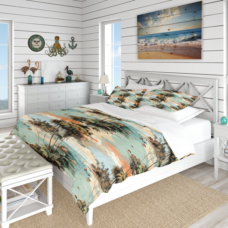 Ensemble de housse de couette Serene Coastline Tropical Pattern - Coastal, Housse de couette simple + 1 taie décorative stan