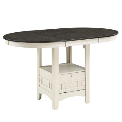 Table de salle à manger à hauteur de comptoir blanc antique / brun rosé avec rangement et rallonge, feuille tendance en finition blanche / brune