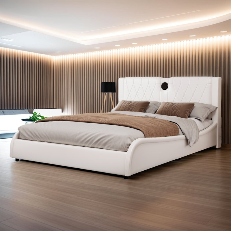 Lit intelligent avec haut-parleurs Bluetooth et lumières RVB - Lit plateforme en similicuir, tête de lit épaissie, aucun sommier nécessaire