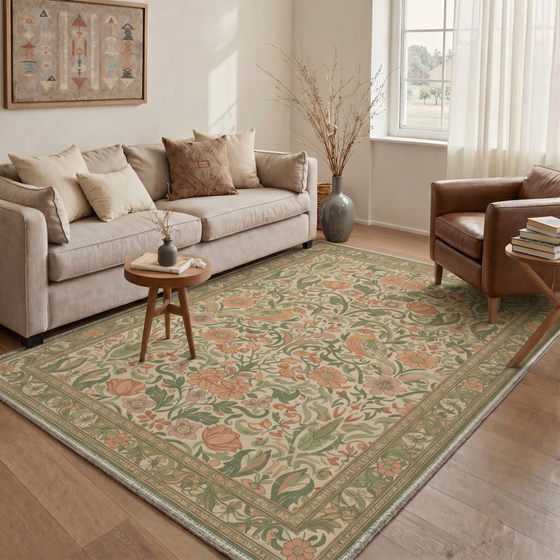 Avianora Floral Machine Washable Green / Beige Indoor Area Rug with Non-Slip Backing, Rectangle 5' x 7'