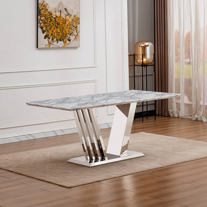 Table de salle à manger en marbre pour 6 personnes, table de salle à manger rectangulaire en faux marbre 70 po avec base en acier inoxydable à finition miroir, table de cuisine moderne en marbre de grande taille (argent, gris)