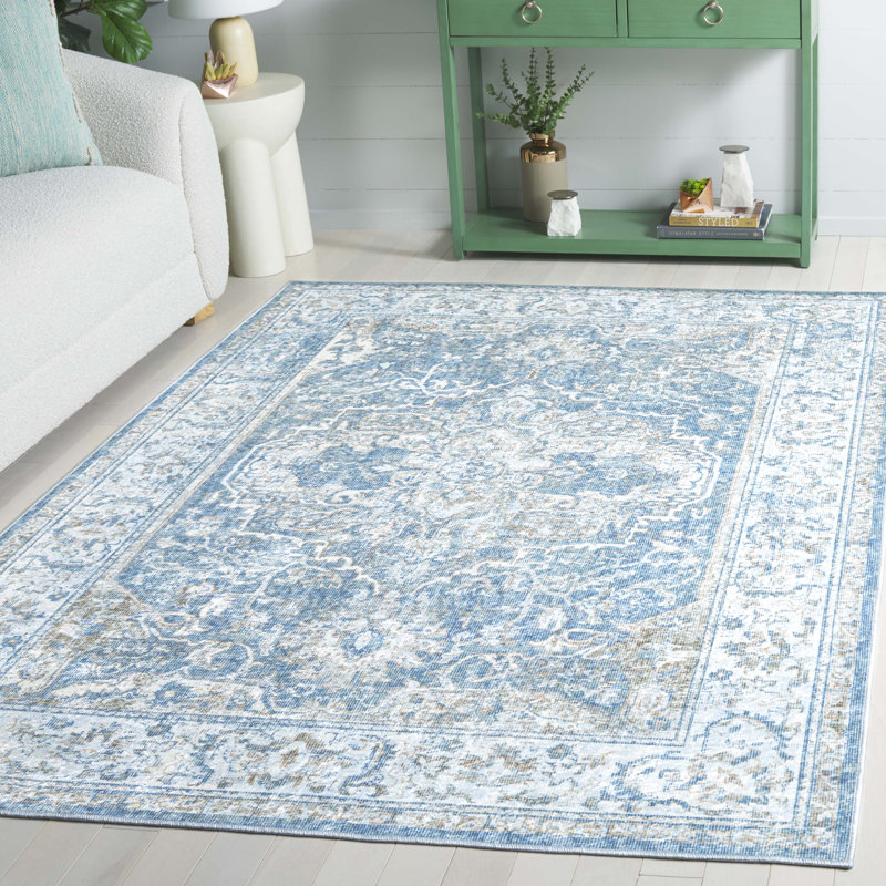 Yamber Orlando Felt/Velvet/Laminated Film Machine Washable Southwestern Rug in Blue/Gold, Rectangle 5'3" x 7'6"