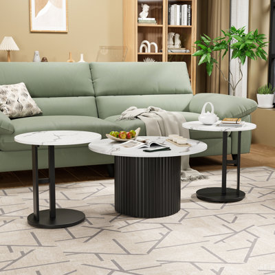 Ensemble de 3 tables basses, tables basses gigognes modernes avec plateau en faux marbre et pieds en métal, tables basses et tables d'appoint rondes avec design nervuré pour le salon, petit appartement