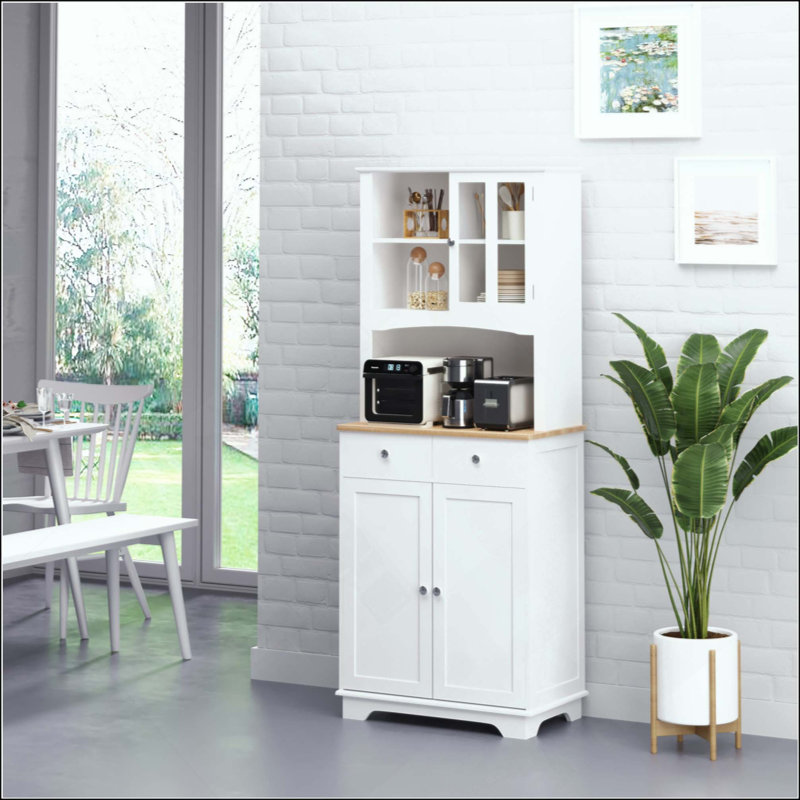 Buffet de cuisine autoportant avec huche, garde-manger avec support à micro-ondes, tablette réglable, 2 tiroirs, armoire