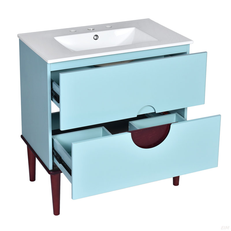 Ensemble de meuble-lavabo 30 po avec lavabo en céramique, meuble de rangement moderne à 2 tiroirs avec cadre en bois massif