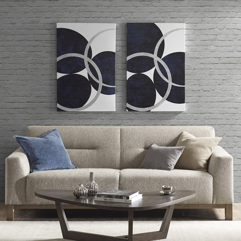 Décoration murale moderne abstraite - argent, cercle bleu marine, l 24 po x H 36 po, utilisation sur toile avec motif 2, l 24 po x H 36 po