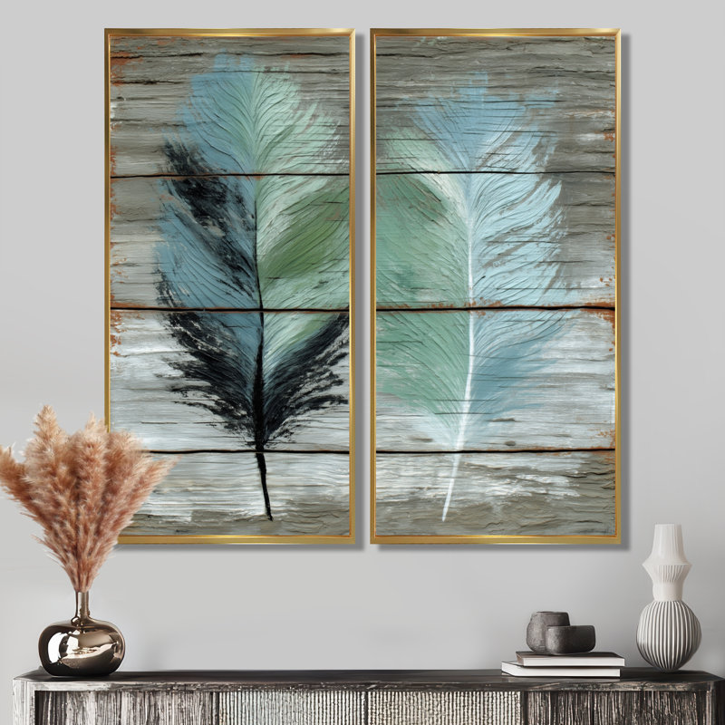 «Boho Wood Texture Feather», reproduction d'art sur toile, art mural bohème vert 2 pièces, H 20 po x l 24 po, Cadre flottant