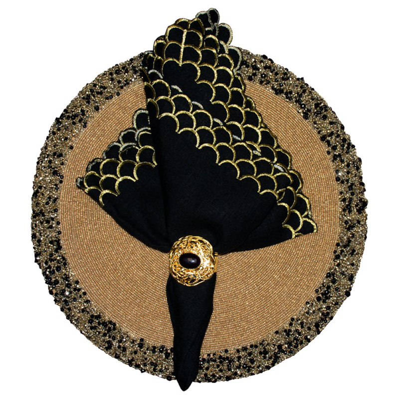Peacock Linen Napkin, Black/Gold