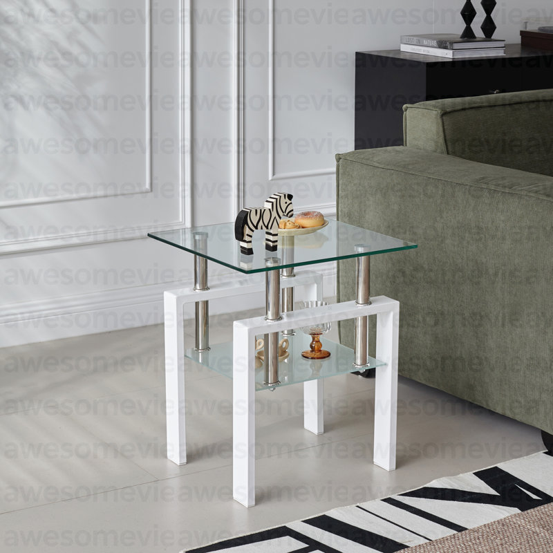 Table de bout en verre trempé blanc, petite table avec rangement à 2 couches, table d'appoint de salon