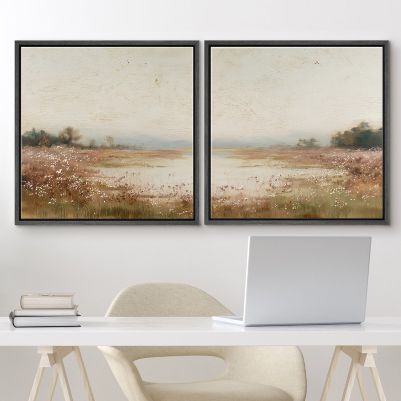 Pastel Countryside Meadow Farm Field Landscape Framed Master Bedroom Wall Art Work 2 Pieces Print, 24" H x 24" W