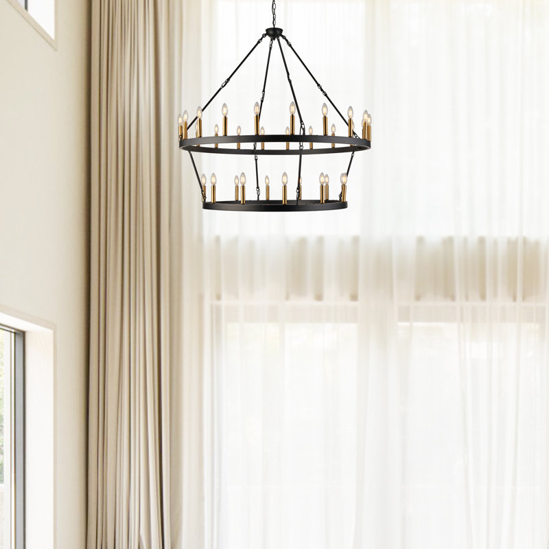 32- Light Dimmable Lantern Wagon Wheel Chandelier, Matte Black;Brushed Brass