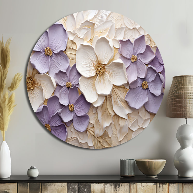 Minimalisme mauve et blanc - Art floral rond en métal, H 23 po x l 23 po